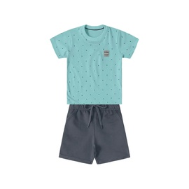 Conjunto camiseta microestampa verde e bermuda moleton