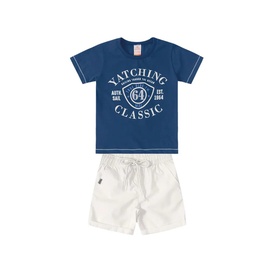 Conjunto bermuda tecido branca e camiseta azul