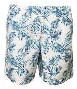 Short Boxer Microfibra Branco Folhas Azuis