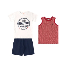 Conjunto 3 peças com camiseta branca e regata vermelha